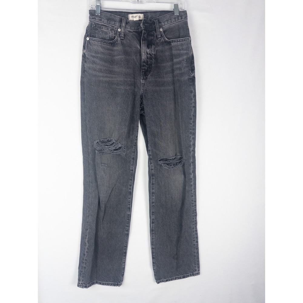 Madewell Baggy Straight Jeans Womens 25 Black Dark Wash High Rise Denim Distress